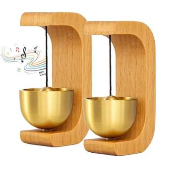 Imagem de 2 peças de campainha de madeira e latão – magnético ou adesivo, sino rústico de estilo vintage para alertas de abertura de porta em casa, café, jardim (2P, damasco)