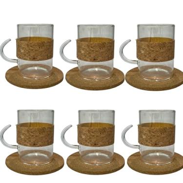 Imagem de Jogo de 6 Xícaras de Vidro Borossilicato com Alça e Pires em Bambu, Marrom, Decorativo, Resistente ao Calor, Conjunto de Copos Luxo, para Café, Chá, Bebidas (Cortiça)