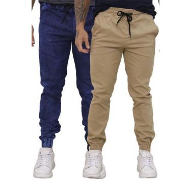 Imagem de Kit 02 Calças Jogger Sarja Premium Masculina Bege e Jeans - TBasics, J