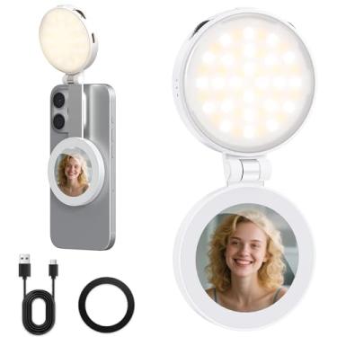 Imagem de VRIG Luz magnética de selfie para iPhone, extensível – giros de 180° – ajuste contínuo de temperatura e brilho da cor, luz de vídeo LED com espelho para selfies, vlog, videoconferência (branca)