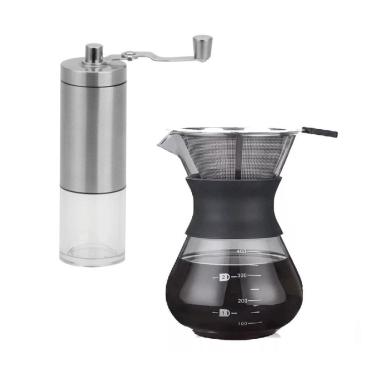 Imagem de Moedor Café Manivela Manual + Cafeteira Vidro Coador 400Ml