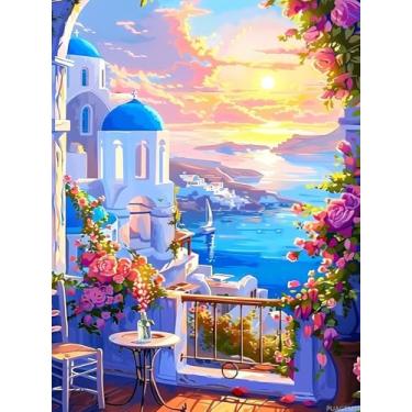 Imagem de PUAGEMTI Pintura de diamante Santorini DIY, a bela varanda em Santorini pintura por números para iniciantes, kits de arte de diamante redondo completo para decoração de quarto e decoração de sala de