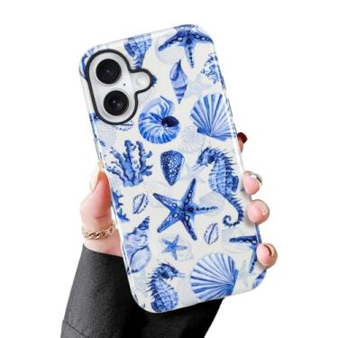 Imagem de MZELQ Capa magnética para iPhone 16, estampa de concha azul do oceano [compatível com carregamento Magsafe] 2 em 1 capa rígida de proteção à prova de choque fosca para mulheres e homens