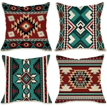Imagem de Fahrendom Capas de almofada decorativas do sudoeste indígena nativo americano 50 x 50 conjunto de 4, fronha de almofada de sofá vintage asteca navajo tribal para varanda externa, capa de almofada de