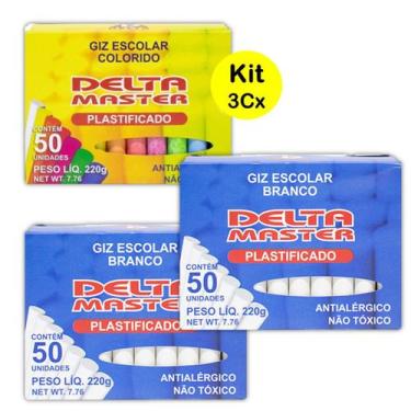 Imagem de Giz Escolar 3Cx Antialérgico Plastificado Branco e Colorido - Delta