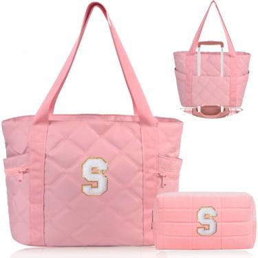 Imagem de QZUnique Bolsa de viagem feminina com inicial de presente - Bolsa esportiva com bolsa de maquiagem, bolsa de fim de semana, bolsa de ioga para academia, presente de aniversário, rosa, 15.6 inches x