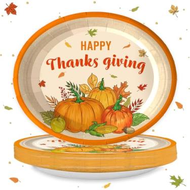 Imagem de XUELIREN 50 peças de pratos ovais de outono de ação de graças, grande, folhas de bordo, de abóbora, prato de papel, prato descartável, laranja, xadrez, bandeja, utensílios de mesa, utensílios de