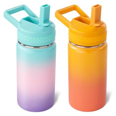 Imagem de Fijinhom Garrafa infantil de 340 g, garrafa de água infantil para meninos e meninas com tampas de canudos, garrafa térmica isolada a vácuo de aço inoxidável 304, sem BPA, Aurora + Sunrise