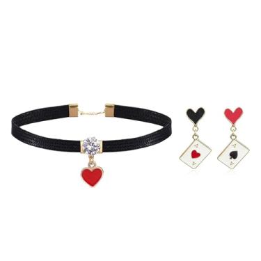 Imagem de KummerSaprk Rainha de Copas Fantasia Gargantilha Preta Colar para Mulheres Brincos Rainha de Coração Colar Colar de Coração Vermelho Conjunto de Brincos de Gota de Sangue de Vampiro Pingente Colar de