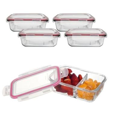 Imagem de Kit 4 Potes de Vidro 1430ml Divisória Hermético Marmita Fit Quadrada C