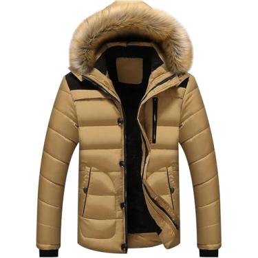 Imagem de Casacos De Pele Masculina Com Capuz Parka Down Jaqueta Térmica à Prova De Vento Forrada De Lã Quente Casaco Acolchoado De Inverno, Khaki, M