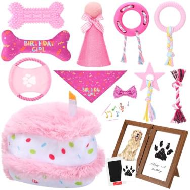 Imagem de Gemscream Conjunto de 14 peças de presentes de aniversário para cães, bolos de aniversário, brinquedos interativos para animais de estimação pequenos, médios e grandes, suprimentos de festa (rosa)