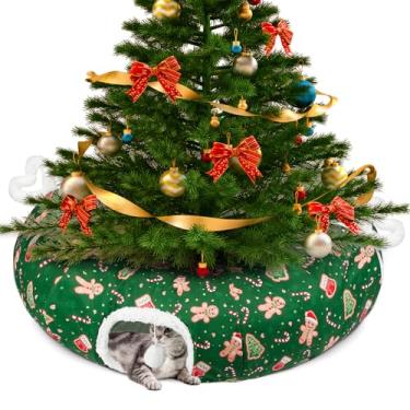 Imagem de Cama túnel de gato saia de árvore de Natal para gatos em ambientes internos, Maansfy grande caverna decorativa de Natal donut túnel tubo brinquedos de playground para gatinhos médio grande (verde)