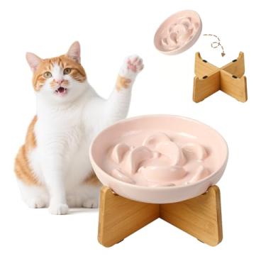 Imagem de Tigela de alimentação lenta elevada para gatos - Prato de comida de cerâmica para gatos com suporte de bambu antiderrapante - Tigela de alimentação adequada para bigodes - Prato de labirinto elevado