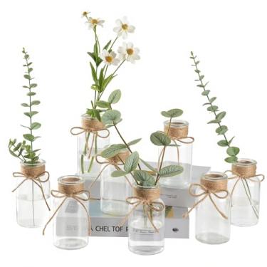 Imagem de Conjunto de 8 vasos de flores de vidro vintage com corda de cânhamo para mesa de recepção, decoração de casa, arranjos florais (médios)