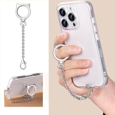 Imagem de Suporte para telefone de cabeça de gato com suporte de anel chaveiro 2 em 1 com vários ângulos ajustável, suporte universal de metal, alça antiperda para smartphones, capacidade de 5 kg, prata