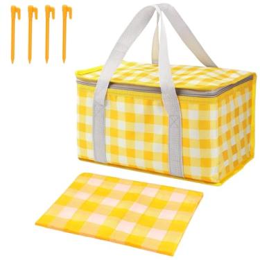 Imagem de Bolsa térmica para piquenique com forro à prova de vazamento, cesta térmica dobrável e reutilizável, inclui tapete de piquenique descartável, alça resistente, ideal para atividades ao ar livre,
