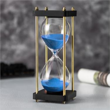 Imagem de ELAINESTORE Temporizador de ampulheta de 60 minutos com pilares dourados, base de madeira preta decorativa temporizador de areia (areia azul, tamanho grande)