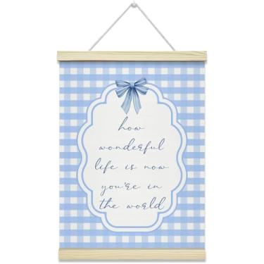 Imagem de Nopoben Moldura de cabide de pôster guingão azul, arte de parede inspiradora com cabide de pôster de madeira, decoração de parede de berçário de bebê, decoração de quarto de meninas e meninos (30 x 40