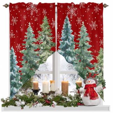 Imagem de Cortinas de Natal para árvore de Natal, pinheiro, flocos de neve, floresta, flocos de neve, vermelho, bolso de varão, cortinas de cozinha recortadas, tratamento de janela, sanefas para sala de estar