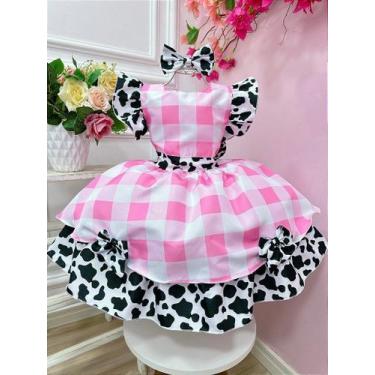 Imagem de Vestido Infantil Xadrez Branco Rosa com Laço de Vaquinha - Fabuloso At