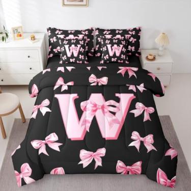 Imagem de Erosebridal Conjunto de cama solteiro de 7 peças com laço rosa, personalizado, letra W, lençol com laço fofo, coquete, para meninas, adolescentes, estilo princesa, rosa, monograma, preto, conjunto de