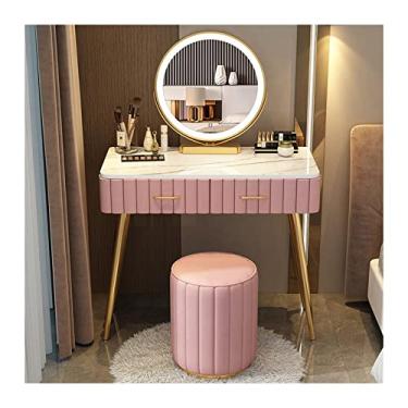 Imagem de Escrivaninha de penteadeira Moderno conjunto de mesa vaidade maquiagem quarto cômoda simples bancada mármore espelho fezes(Pink Round Stool,80cm)