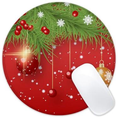 Imagem de Identiy Tapete de rato pequeno de Natal, bolas de Natal, ramos de árvore de abeto, tapete de mesa redondo para teclado e mouse, base antiderrapante, bordas costuradas para computador, laptop, casa