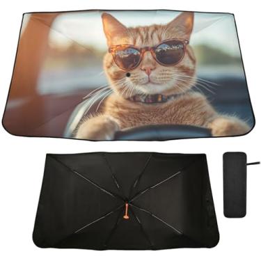 Imagem de Oarencol Para-brisa guarda-sol guarda-chuva gato com óculos de sol carro carro dobrável janela frontal blocos de proteção solar raios UV calor manter o veículo fresco 139.7 cm x 69.8 cm