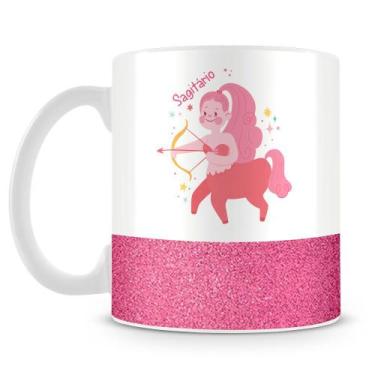 Imagem de Caneca de Porcelana Base Glitter Rosa com Estampa do Signo Sagitário -