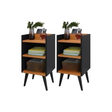 Imagem de Kit 2 Criados-Mudos Compactos com Porta-Celular e Pés Retrô – Mesa Lateral Moderna 57x30x26cm(KIT MAX PRETO/)