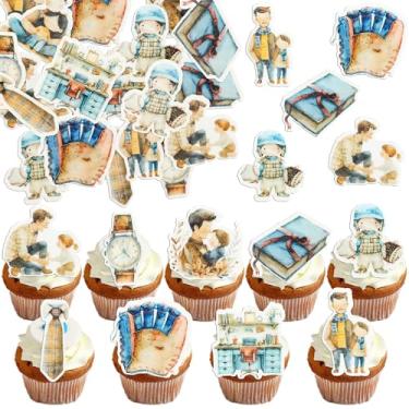 Imagem de Gyufise 54Pcs Edible Happy Father's Day Cupcake Toppers Wafer Paper Tie Watch Love Dad Cake Toppers Edible Best Dad Ever Cupcake Picks for Father Day Theme Birthday Party Cake Decorations Brown Blue