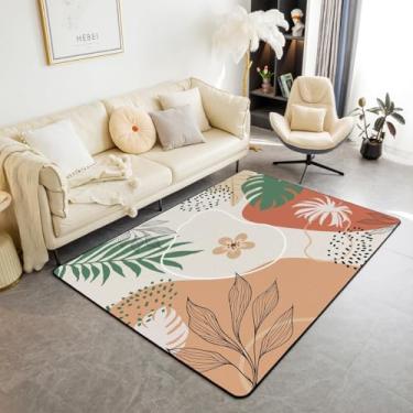 Imagem de Tapete coral marrom fofo de flores para sala de estar | Tapete de área grande com círculo boho, 12 x 17 cm, lavável, antiderrapante, redondo, folha botânica, abstrato, tapete para sala de jogos, sala