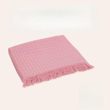 Imagem de Manta Artesanal de Algodão com Franjas – Cobertor Decorativo para Sofá e Cama, Leve e Confortável (rosa Xadrez)