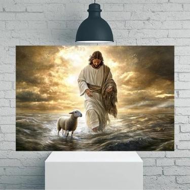 Imagem de Arte de parede em tela rústica vintage Jesus andando com cordeiro - Pôster sem moldura de 30 x 45 cm - Decoração de casa e escritório para sala de estar, quarto, cozinha e café