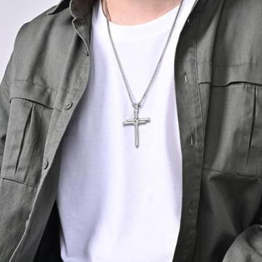 Imagem de Colar de cruz de unhas para homens, moderno, gótico, preto, dourado, prata, pingente de cruz, colar de corrente com pingente de 50,8 cm, joias de 50,8 cm, presentes, 20 inch, Metal, Sem Pedra Preciosa