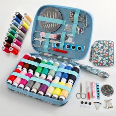 Imagem de Kit de costura 84 peças com estojo, suprimentos de costura portáteis para viajantes domésticos, adultos, iniciantes, emergências, contém linha, tesoura, agulhas, fita métrica