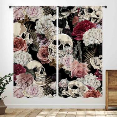 Imagem de Cortinas de janela de caveira gótica, boho, preto, vermelho, floral, rosa, bruxa, misterioso, caveira, estampa de esqueleto, cortinas para quarto, sala de estar, banheiro, decoração de festival de