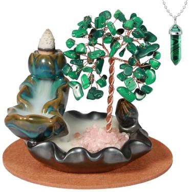 Imagem de Queimador de incenso de cachoeira de malaquita, suporte de incenso de refluxo para árvore do dinheiro, pedra de cristal de cura, com 30 cones de incenso de refluxo + 30 bastões de incenso para