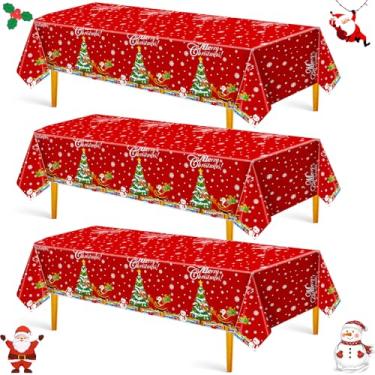 Imagem de Hahafelt 3 peças de toalha de mesa de plástico de Natal descartável para festa de Natal 137,2 cm x 274,3 cm toalhas de mesa Papai Noel boneco de neve para mesas retangulares decoração de festa de