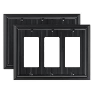 Imagem de Pacote com 2 placas decorativas clássicas de decoração tripla para tomada de contas, placas de parede pretas foscas de fibra de bambu natural durável para tomadas elétricas, receptáculos, tomadas GFCI