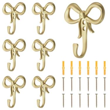 Imagem de Otoolling Pacote com 6 ganchos de parede pequenos dourados com nó de laço para parede 6 cm Suporte decorativo de metal com laço de porta para chapéus, bolsas, toalhas de banho, casacos