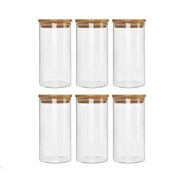 Imagem de Conjunto 3 Potes Herméticos Com 1000ml De Vidro Redondo Tampa De Bambu Mantimento Tempero Alimento (Kit 6 Unidades)