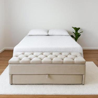 Imagem de Puf Baú Recamier Com Gaveta Casal 140x50x45cm Cor Areia - Com Botôes N