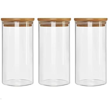 Imagem de Conjunto 3 Potes Herméticos Com 1000ml De Vidro Redondo Tampa De Bambu Mantimento Tempero Alimento (Kit 3 Unidades)