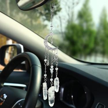 Imagem de Pyotivol Acessórios para espelho retrovisor de carro, enfeite de pendurar fofo, exclusivo lua e estrela, boho, decoração retrovisora, berloque feito à mão, contas de cristal de jade brancas, decoração