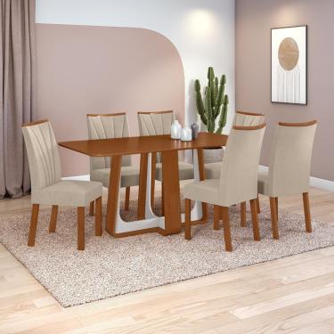 Imagem de Conjunto Sala De Jantar Mesa Easy Pop 170x90cm Tampo Mdf Com 6 Cadeiras Confort Veludo Naturale Creme Frassino/off White