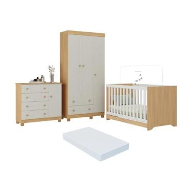 Imagem de Quarto de Bebê Completo Berço Americano 3x1 Colchão Allegra Multimóveis Mp4606 Madeirado/off White
