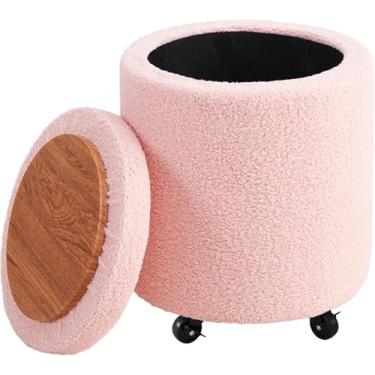 Imagem de WROCFURSTAR Otomano redondo de armazenamento com rodas, banquinho de penteadeira, tecido de veludo macio de pelúcia, banco multifuncional para sala de estar e quarto, solução de armazenamento compacta