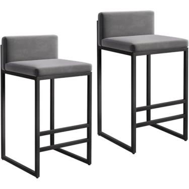 Imagem de Conjunto De 2 Banquetas De Bar De Veludo Para Café Da Manhã Com Encosto - Pernas De Metal Preto, Apoio Para Os Pés, Banquetas De Balcão Para Pub, Bar, Cafeteria - Al, Black, Seat Height 45cm